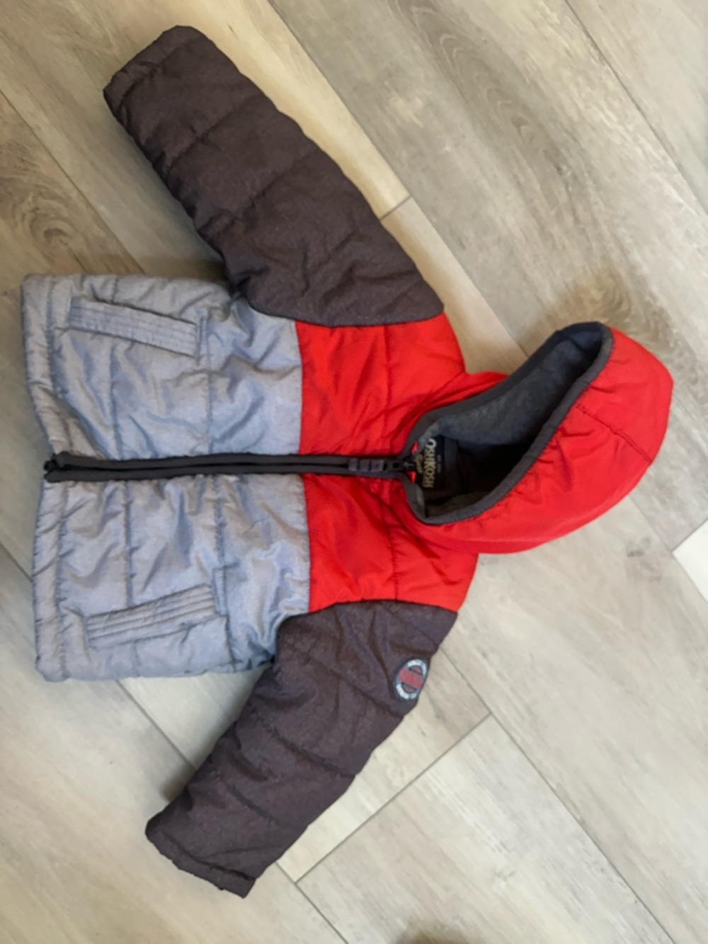 OshKosh B'gosh Red, Gray & Brown Colorblock Hooded Puffer
